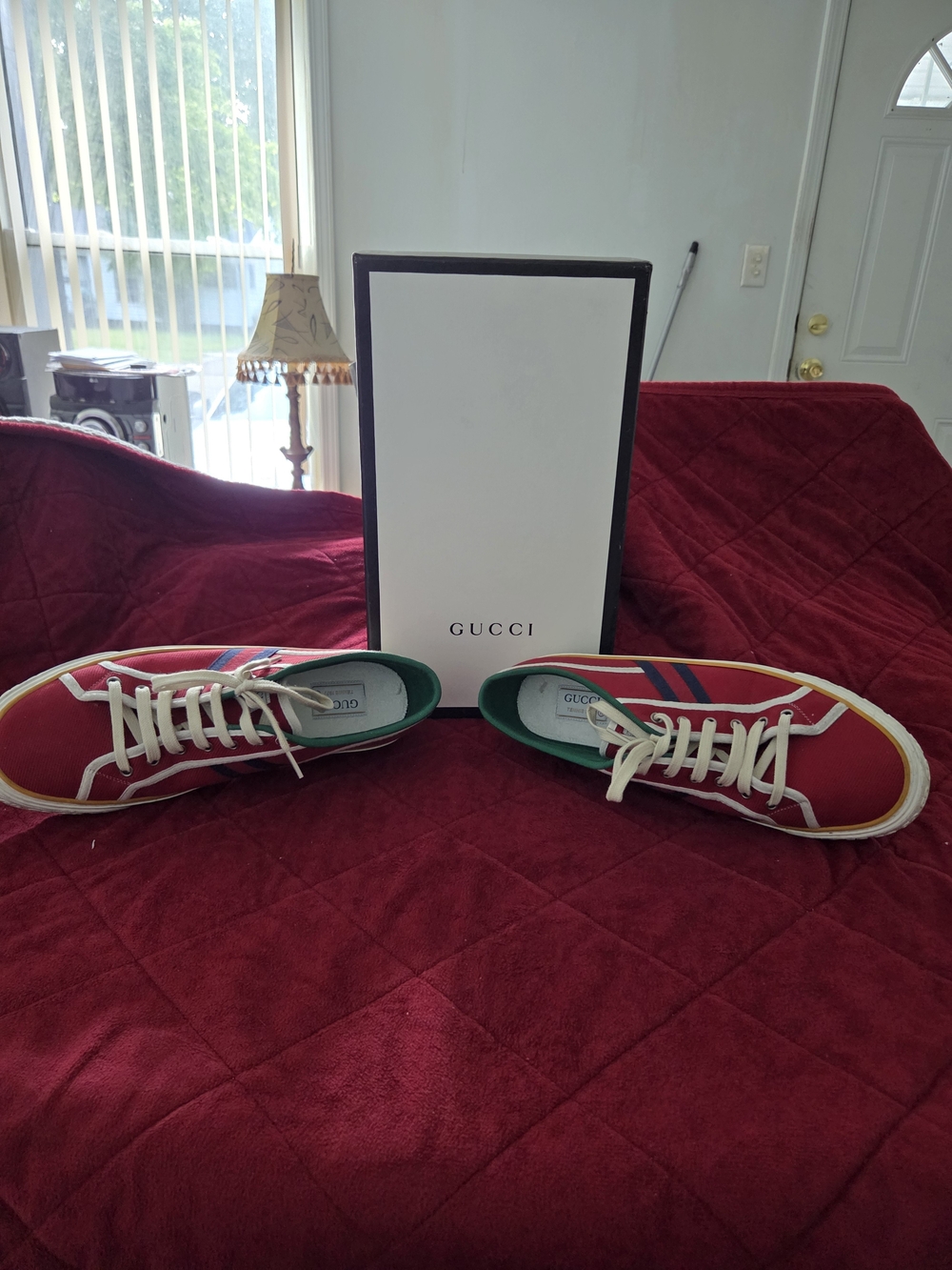 Gucci Men’s Red Canvas Low-Top Sneakers with Green Lining - Picture 2 of 5